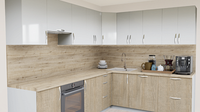 Кухня угловая Белый глянец - Дуб сонома светлый